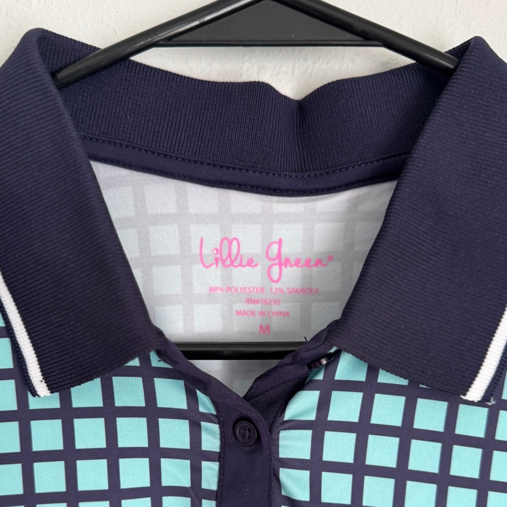 Lillie Green Women's Sleeveless Golf Polo Shirt - Navy Aqua Grid Pattern - Picture 3 of 7